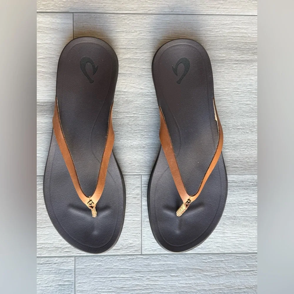 OluKai Ho'opio Leather Sandals Tapa / Golden Sand Women’s Size 9 - Picture 2 of 7